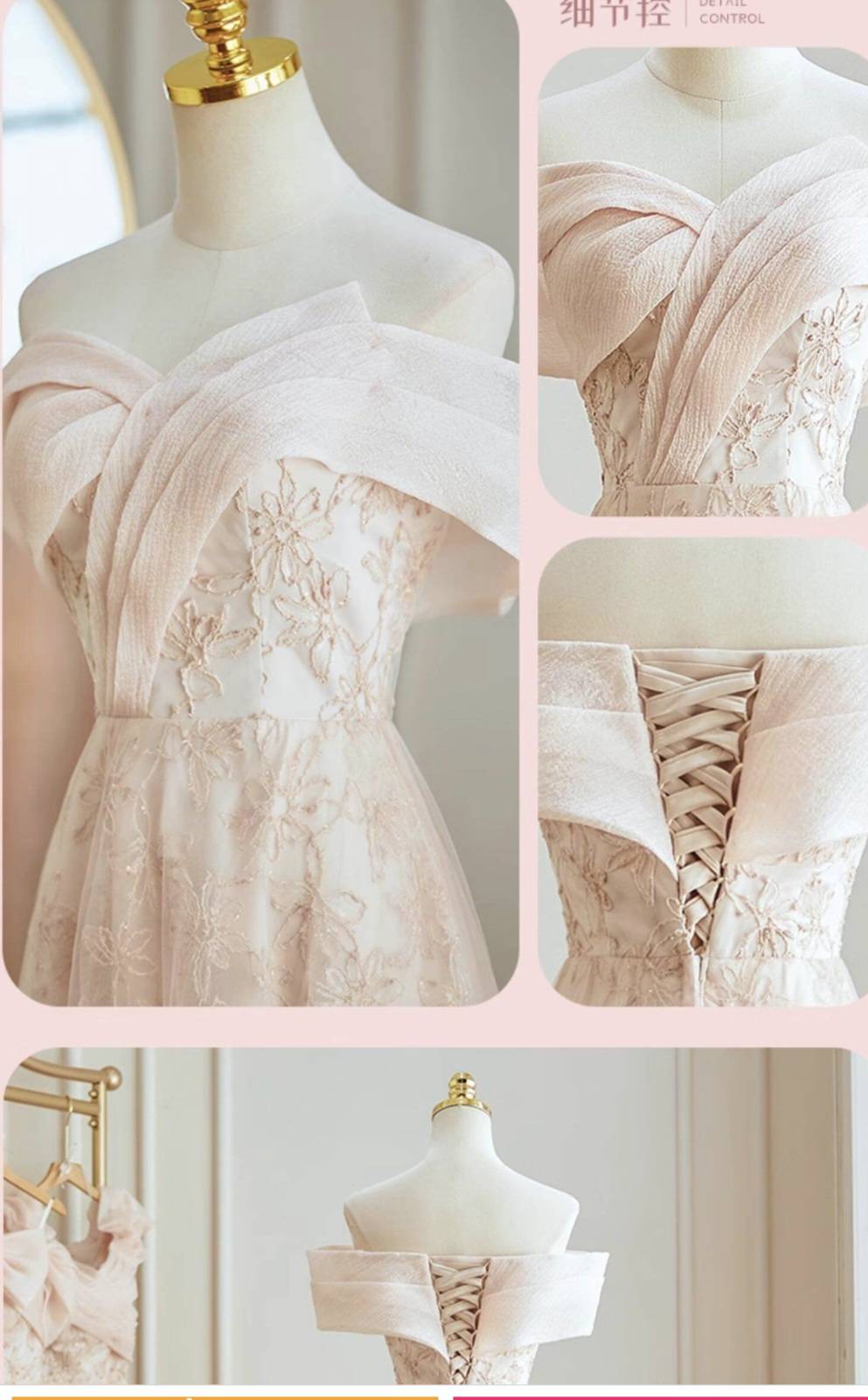 ชุดราตรีโทนสีพีชดีไซน์โบว์หน้า อกเปิดไหล่ ขายดี