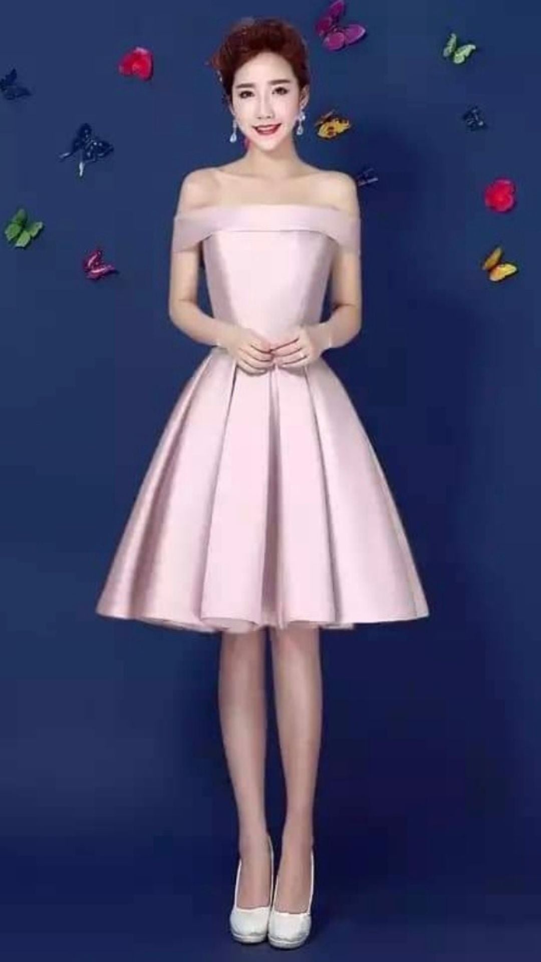 ชุดเดรสชมพูเปิดไหล่ทรงบาน | Pink Off-Shoulder Party Dress