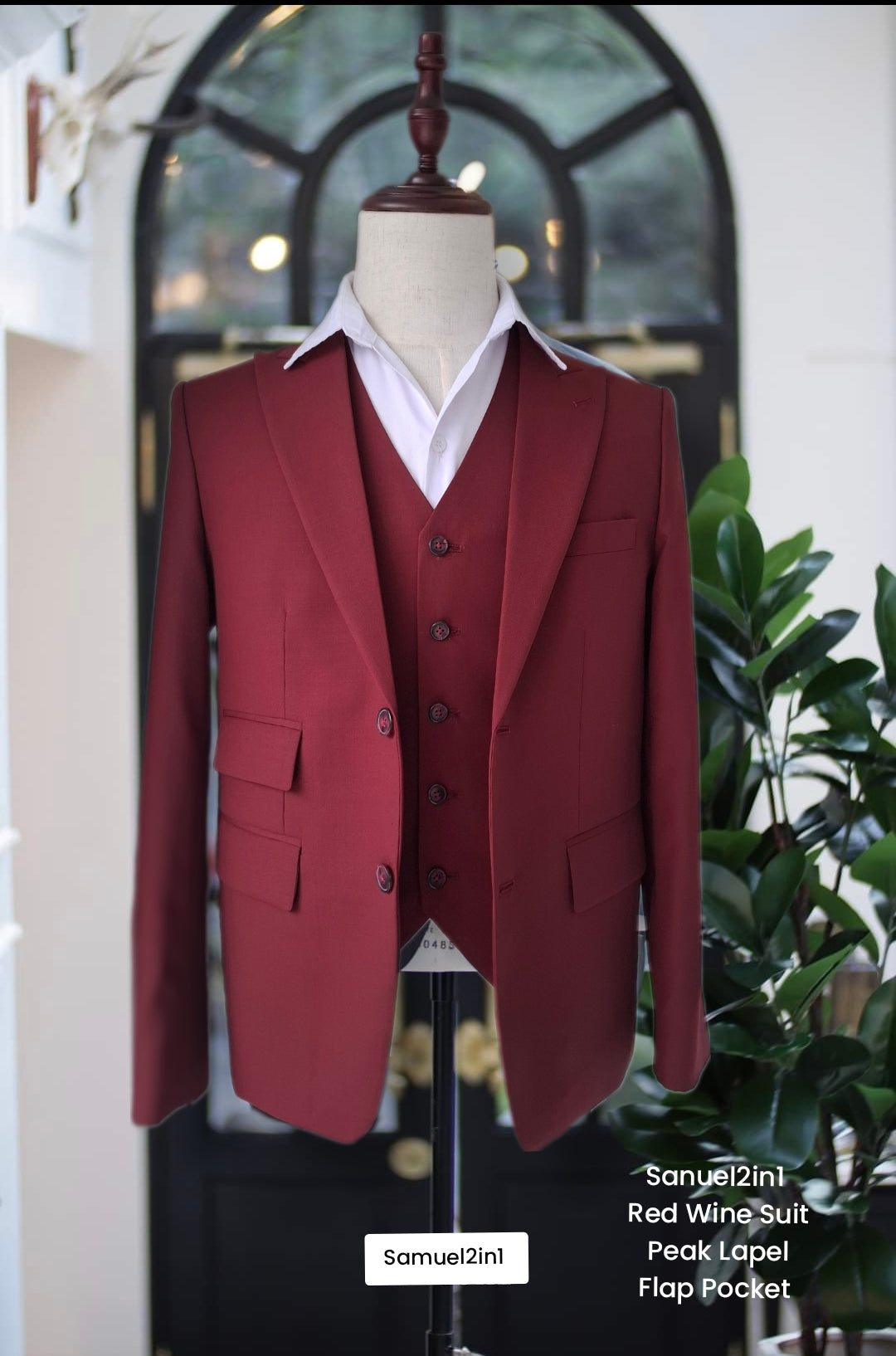 Red Wine Suit with Peak Lapel and Vest