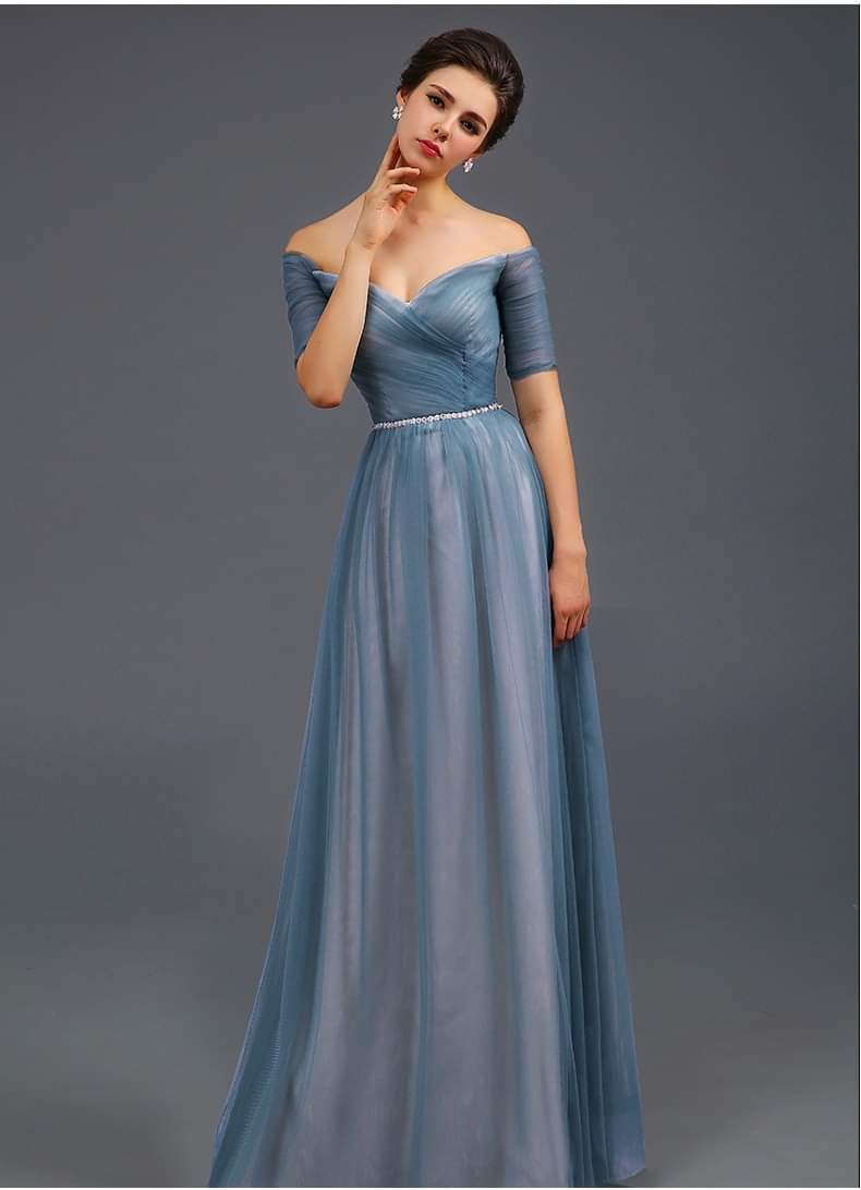 Product name (Thai): Off-shoulder long evening dress, blue-gray, sweet flowing design, decorated with a pearl belt.