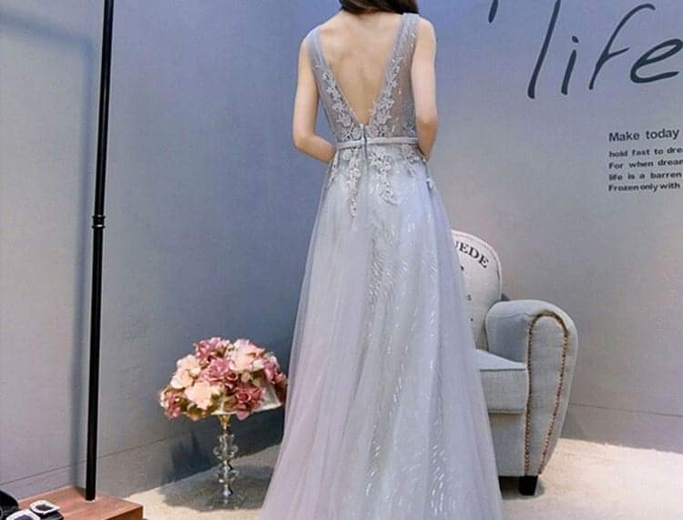 Silver grey lace long evening dress, V-neck, sleeveless