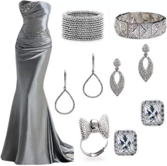 Dark grey strapless long dress in shiny satin with glitter trim.