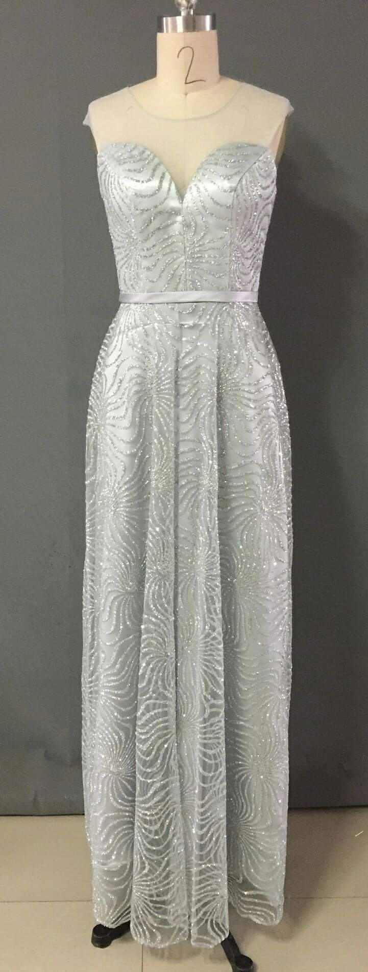 Silver-gray glitter long dress with mesh cutout neckline and belt