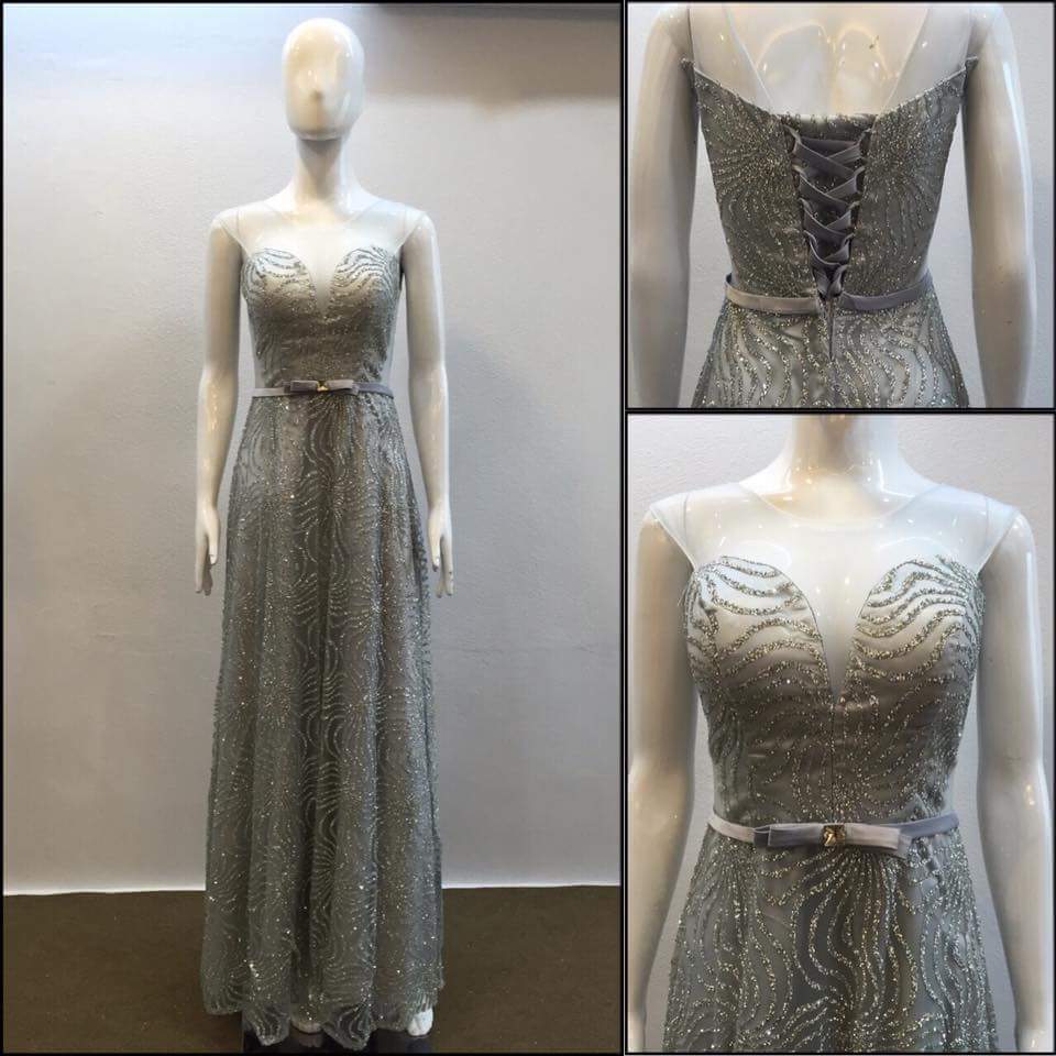 Silver-gray glitter long dress with mesh cutout neckline and belt