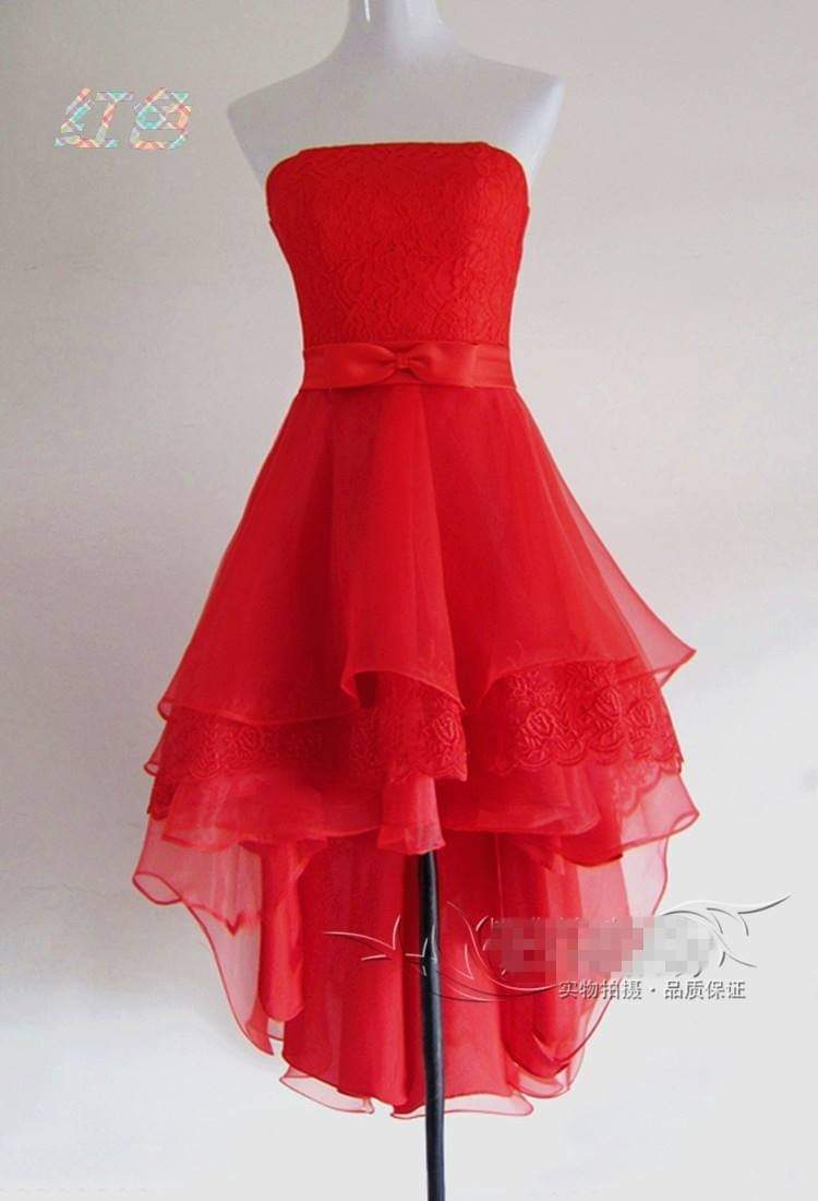 เดรสลูกไม้สั้นไล่ระดับ / Red Layered Lace Hi-Low Dress