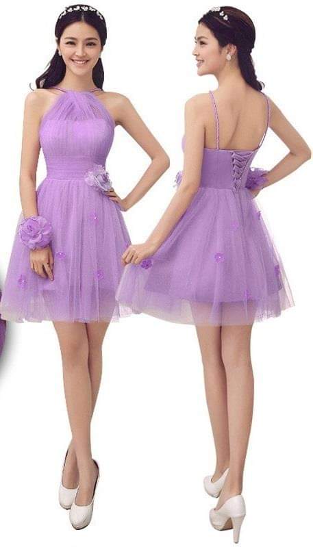 เดรสม่วงสายดอกกุหลาบ / Purple Rose Detail Halter Dress