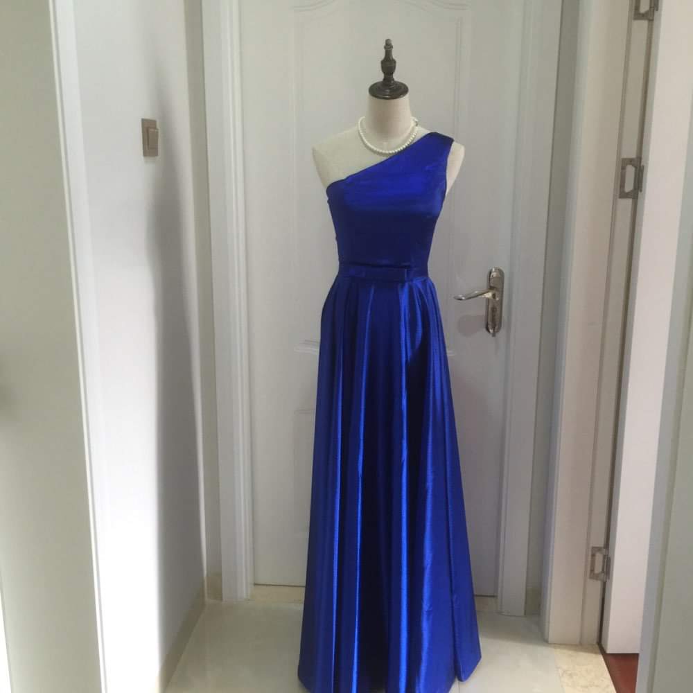 One-Shoulder Satin Dress - Blue