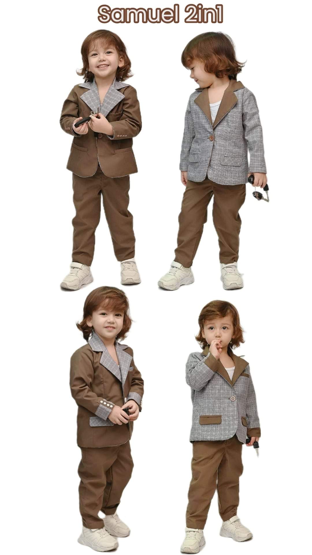 Samuel2in1 両面キッズスーツ – チョコレートブラウン×チェック柄