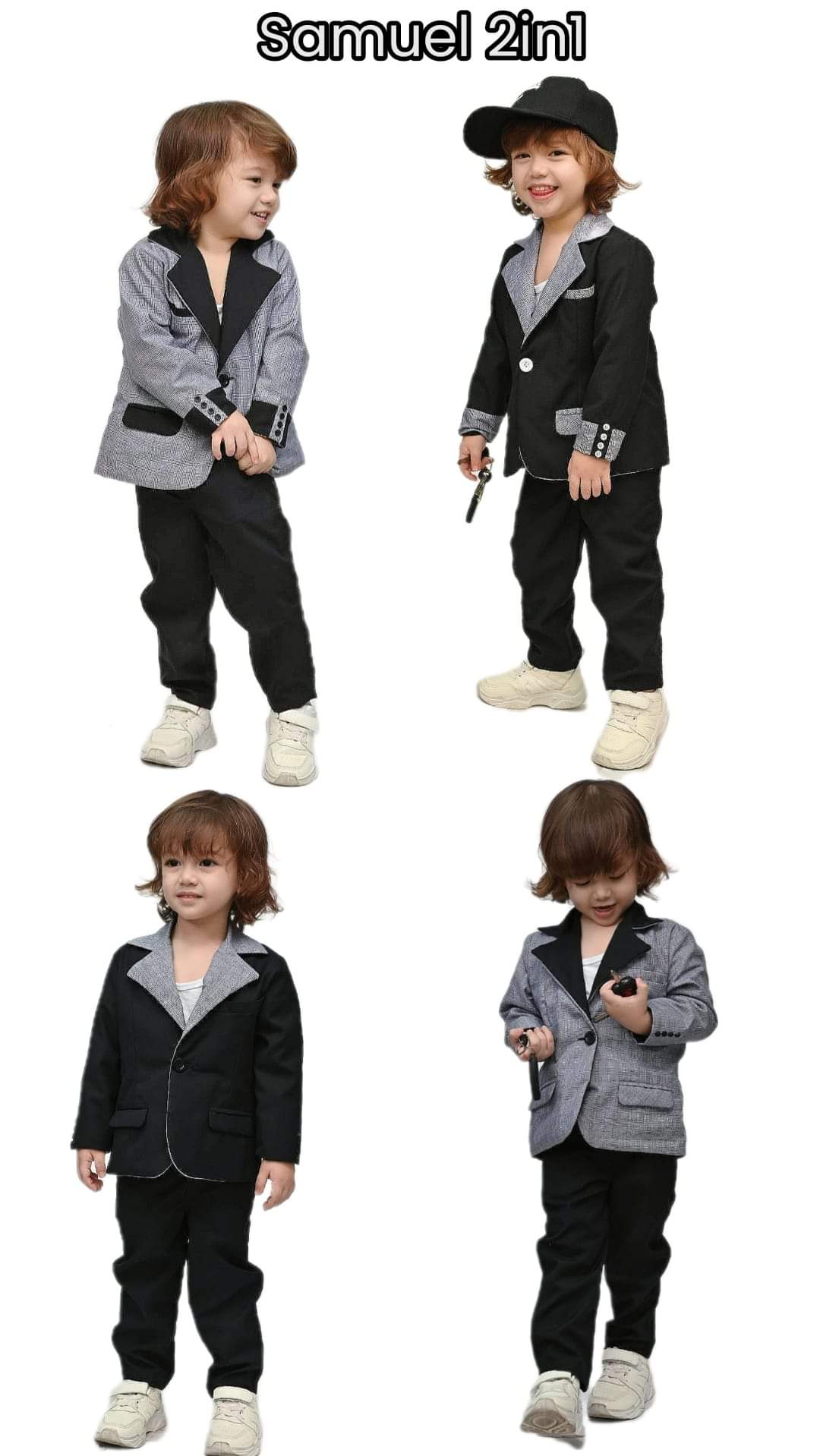 Samuel2in1 両面子供用スーツ - 黒×白とグレーのチェック柄