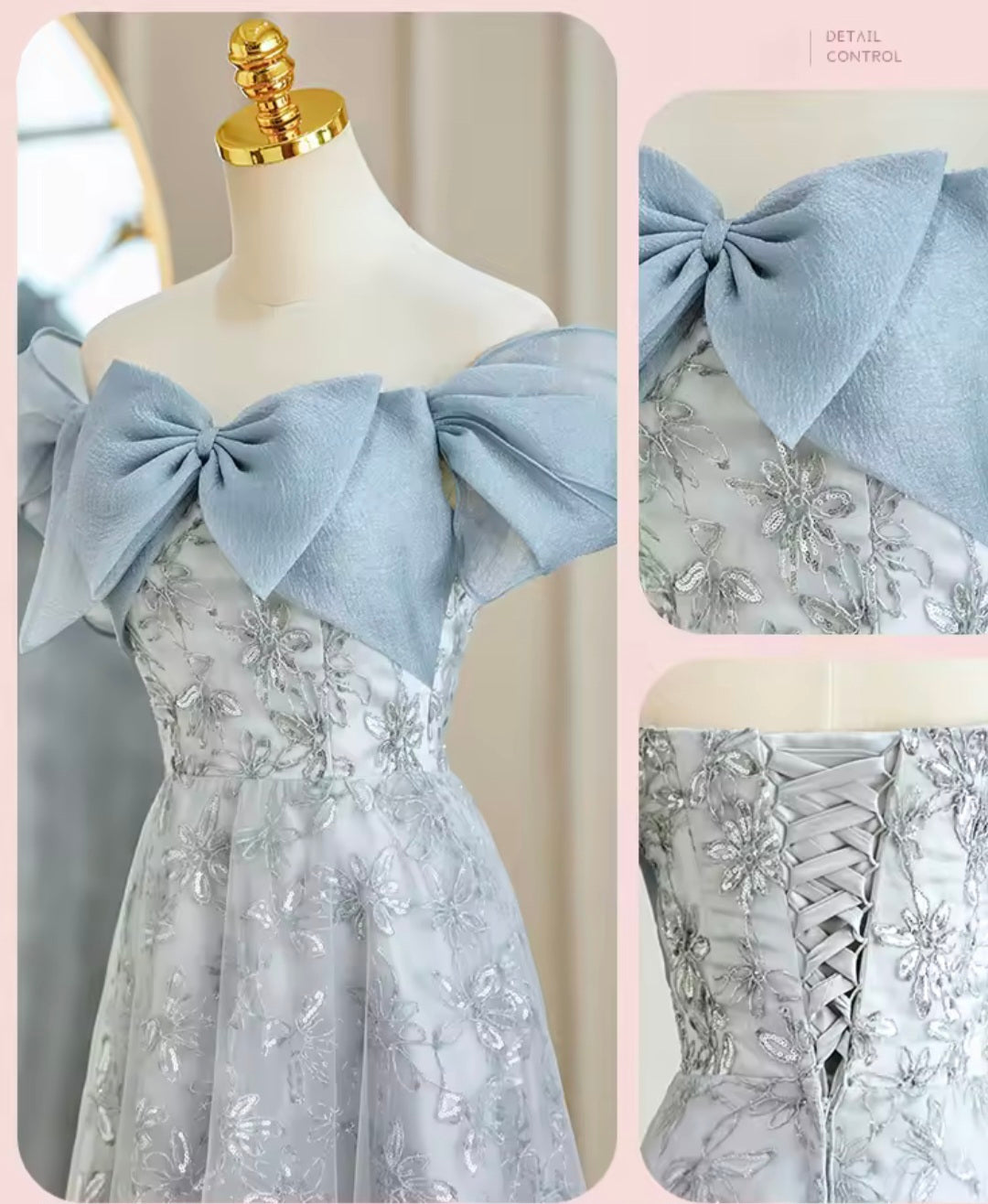 ブルーのリボン刺繍のイブニングドレス