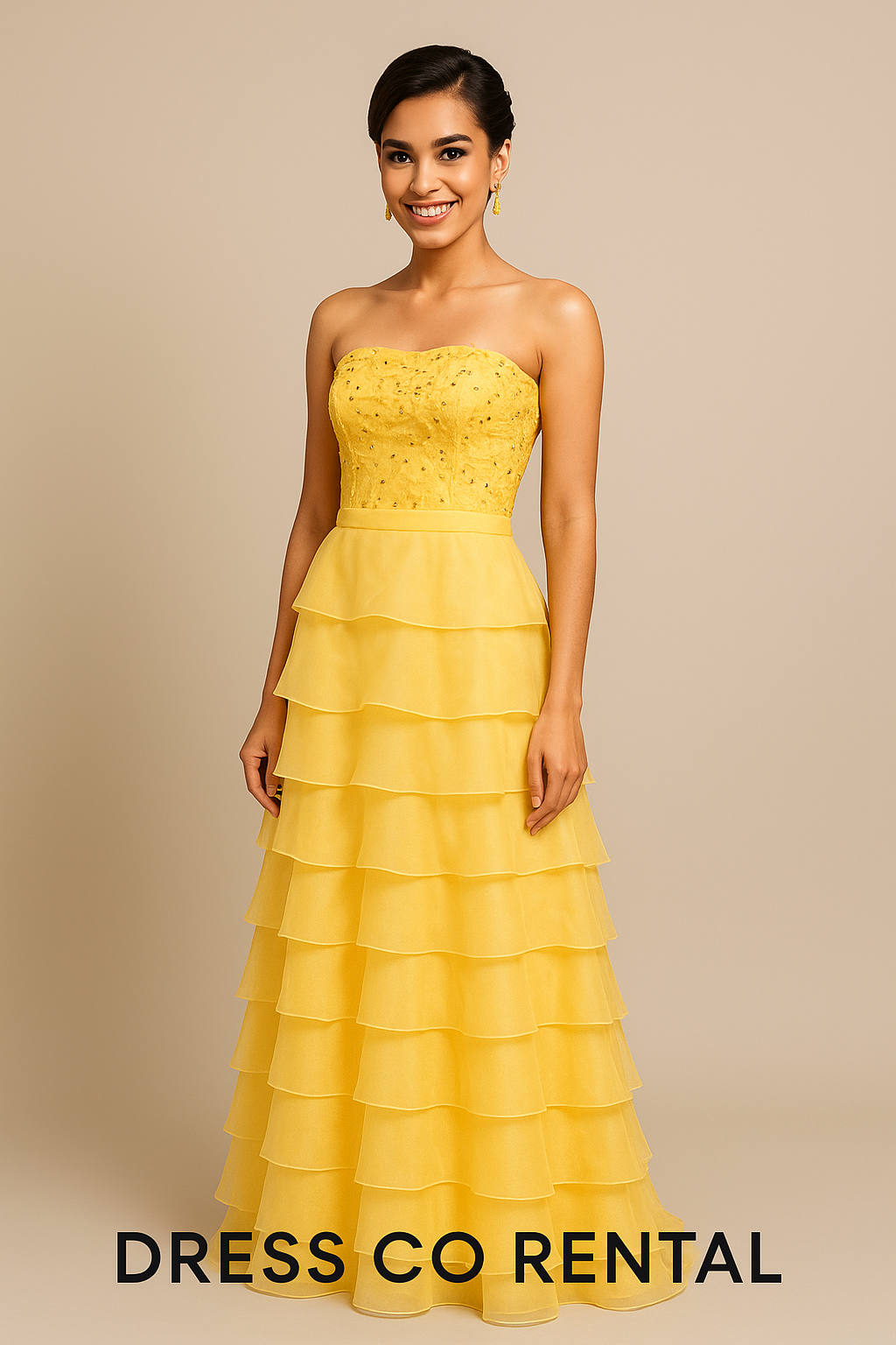 Yellow strapless long evening dress with tiered skirt design