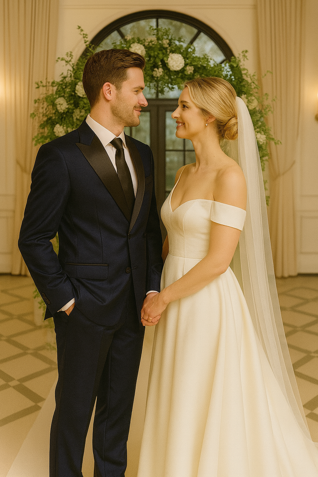 สูทเจ้าบ่าวเช่าตัดใหม่ สีกรมท่าเข้ม ปกแชมเปญหรู | Navy Blue Groom Suit with Satin Lapel – Rental