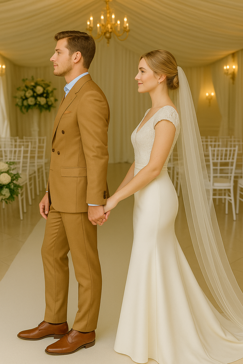 สูทเจ้าบ่าวเช่าตัดใหม่ สีคาราเมลทอง ทรงหรูหรา | Caramel Gold Groom Suit for Rent