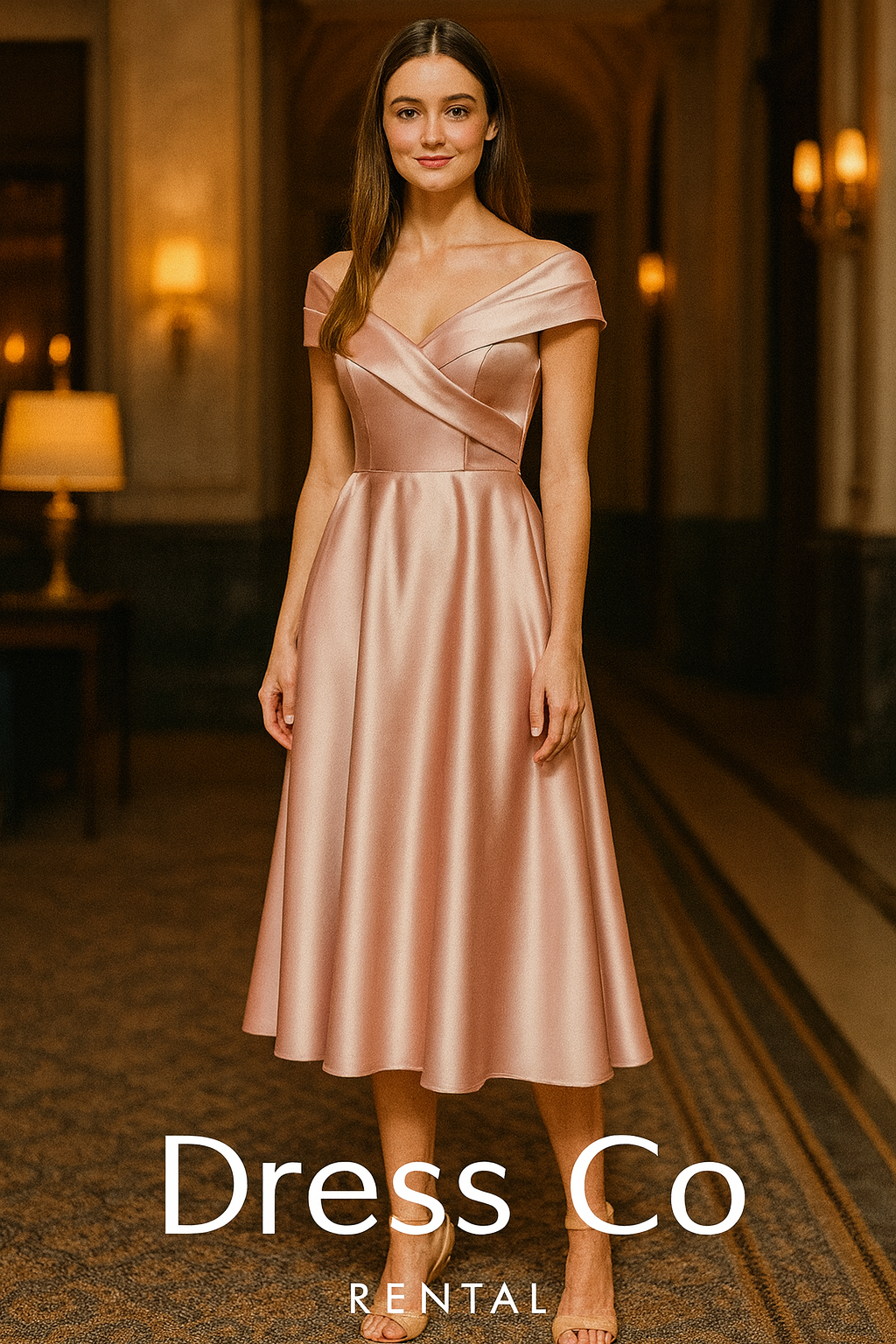 เดรสซาตินชมพูอ่อน ปาดไหล่ ทรงเอลิแกนท์ — Size M