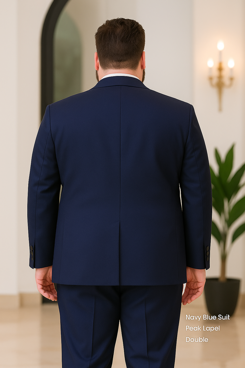 レンタル用の新仕立てスーツ、ネイビーブルー、ダブルブレスト(ピークドラペル)、サイズ3XL~6XL