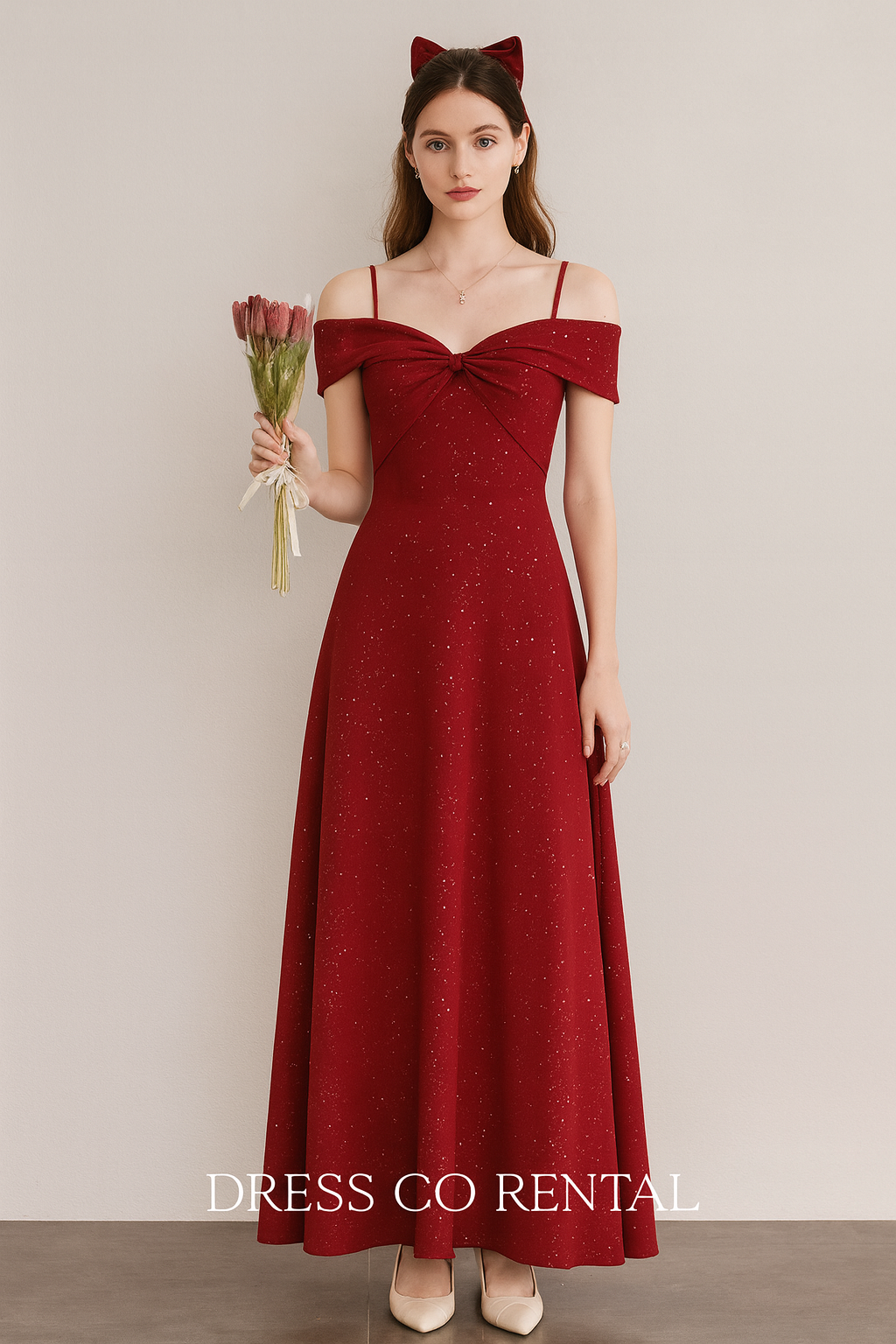 เดรสแดงบ่าเปิดทรงโบว์ คอปาด ระยิบระยับ – ไซส์ M