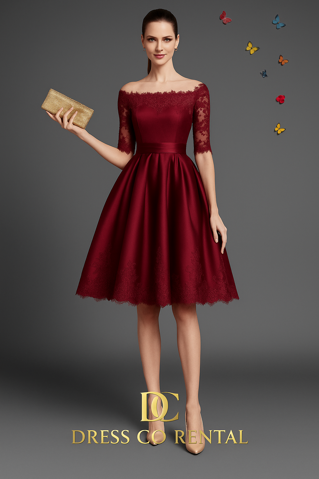 เดรสลูกไม้ไวน์แดง แขนสามส่วน คอปาด/Wine Red Lace Off-Shoulder Dress with 3/4 Sleeves