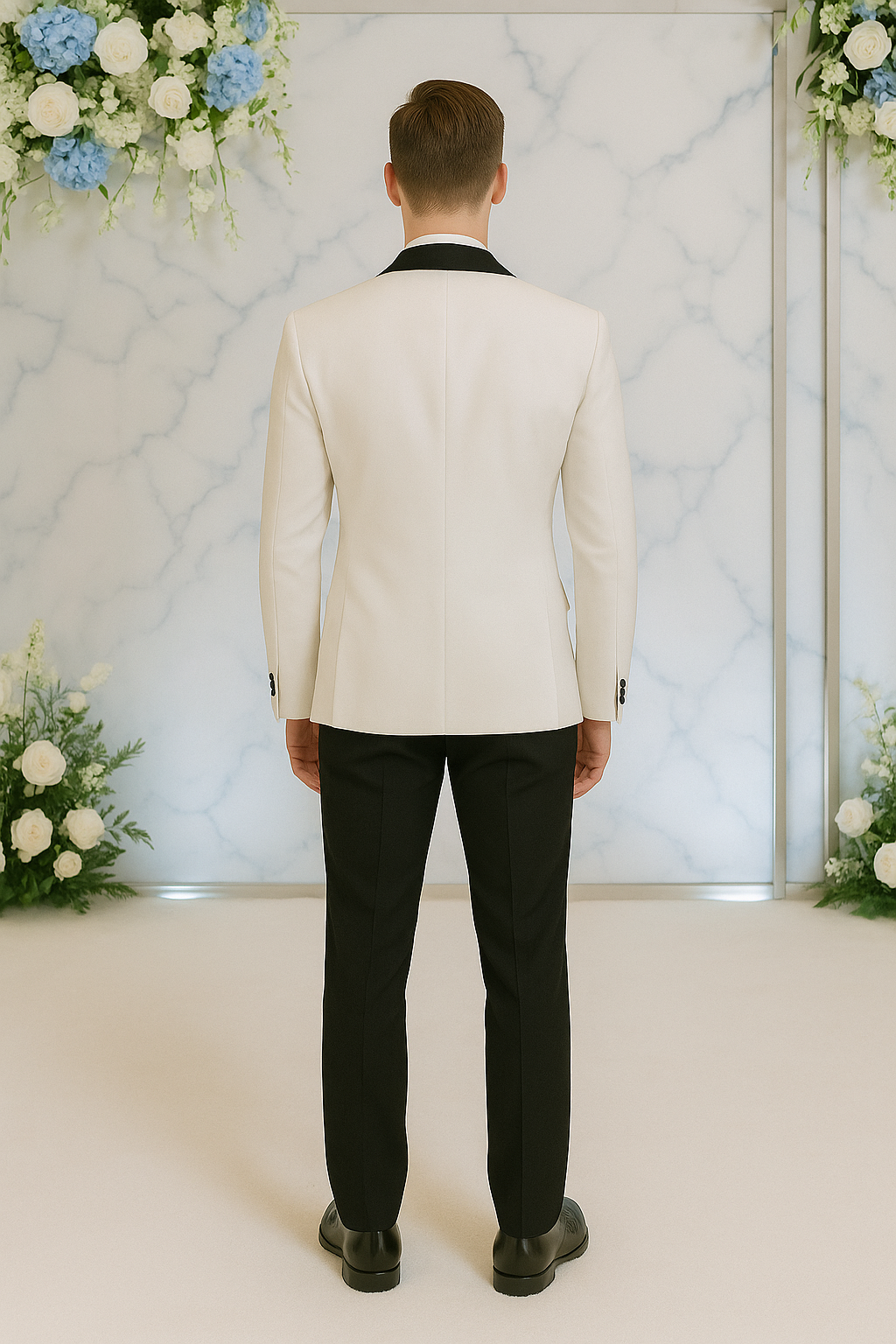 A very neat white and black groom's suit, newly tailored for rent | White & Black Tuxedo for Groom (Made-to-Rent)