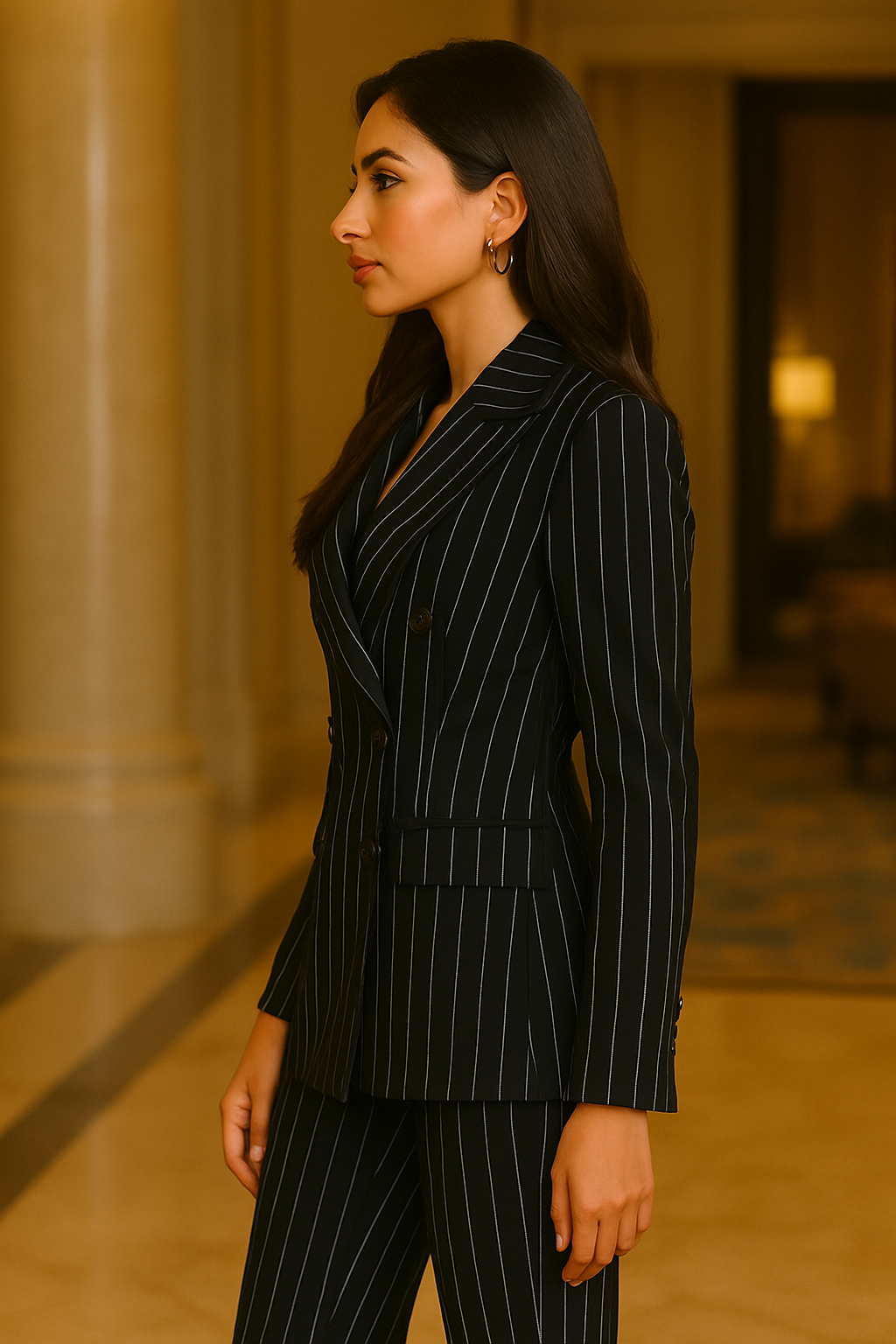 สูทผู้หญิงลายทาง Pinstripe สีน้ำเงินเข้ม กระดุมคู่ สั่งตัด (Made to Order) | Dress Co Rental
