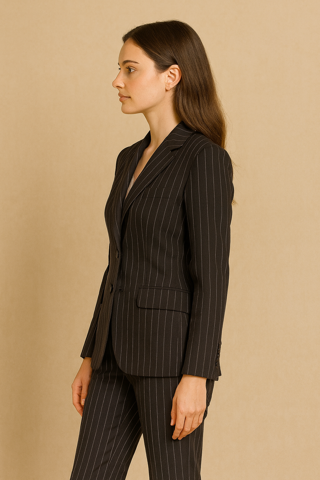 สูทผู้หญิงลายทาง Pinstripe สีดำ สั่งตัด (Made to Order) | Dress Co Rental
