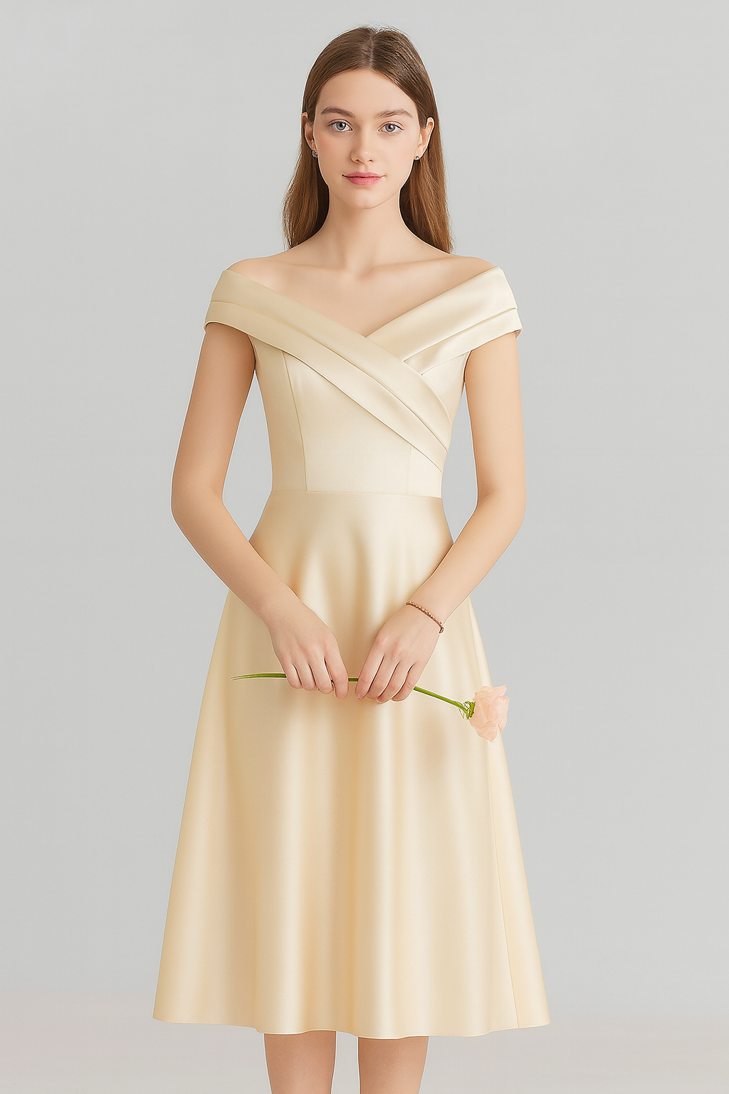 ชุดเดรสครีมคอปาด ไหล่เฉียง ทรงเอลไลน์ ผ้าซาตินหรู