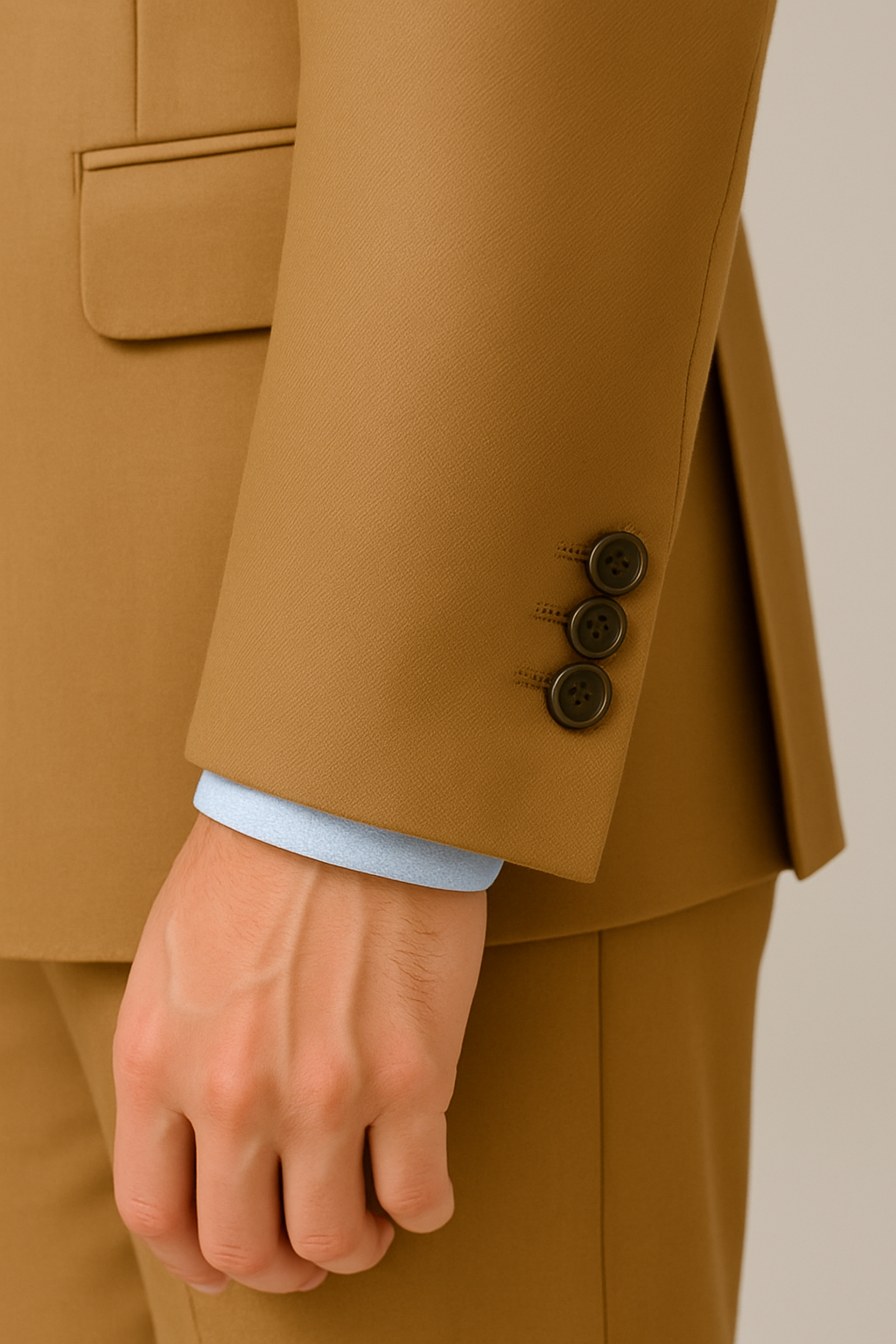 สูทเจ้าบ่าวเช่าตัดใหม่ สีคาราเมลทอง ทรงหรูหรา | Caramel Gold Groom Suit for Rent