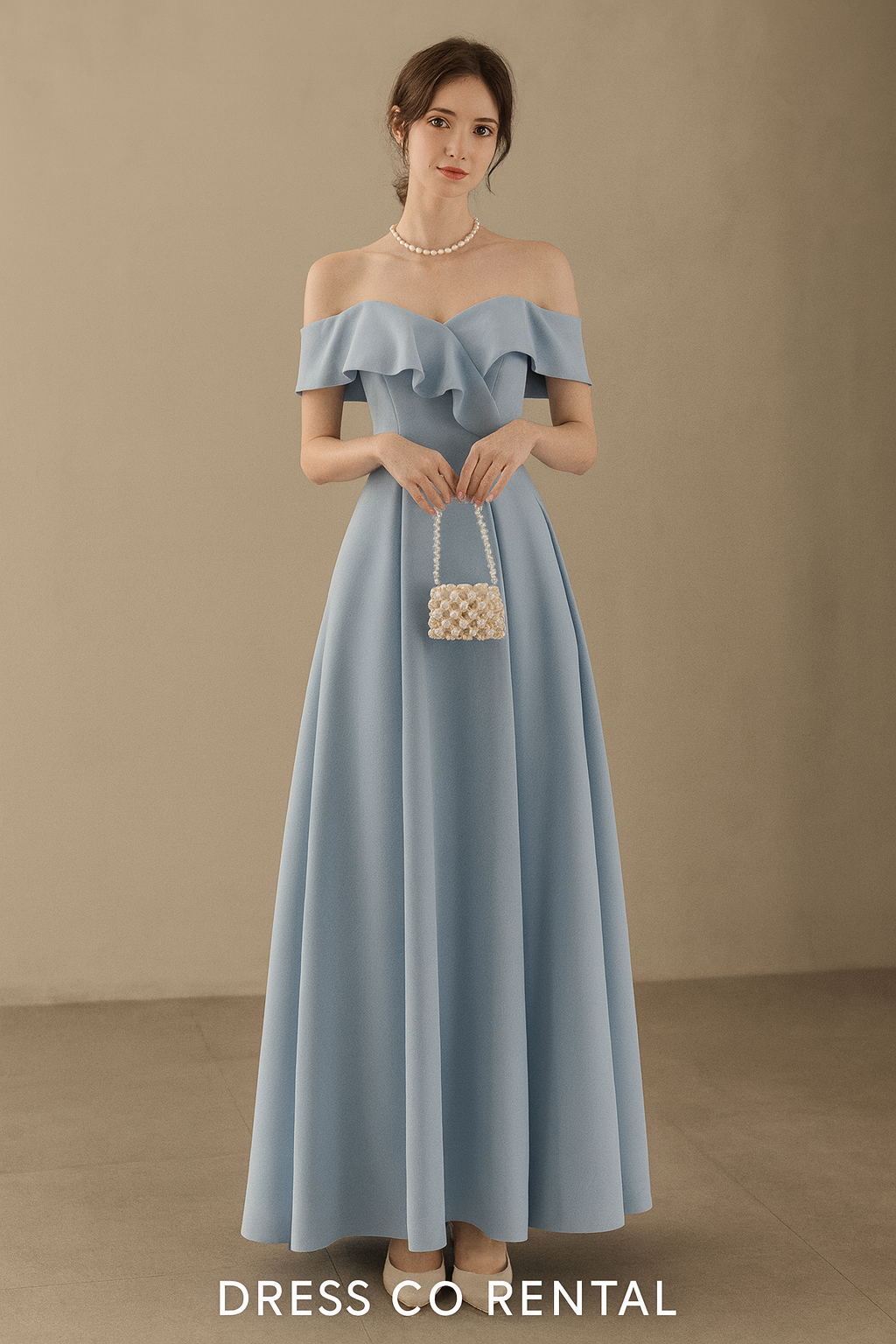 เดรสยาวเปิดไหล่สีฟ้า ดีไซน์ระบายหรูหรา – Size M