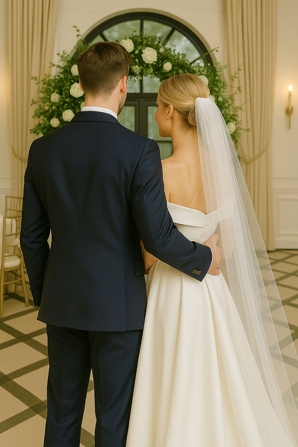สูทเจ้าบ่าวเช่าตัดใหม่ สีกรมท่าเข้ม ปกแชมเปญหรู | Navy Blue Groom Suit with Satin Lapel – Rental