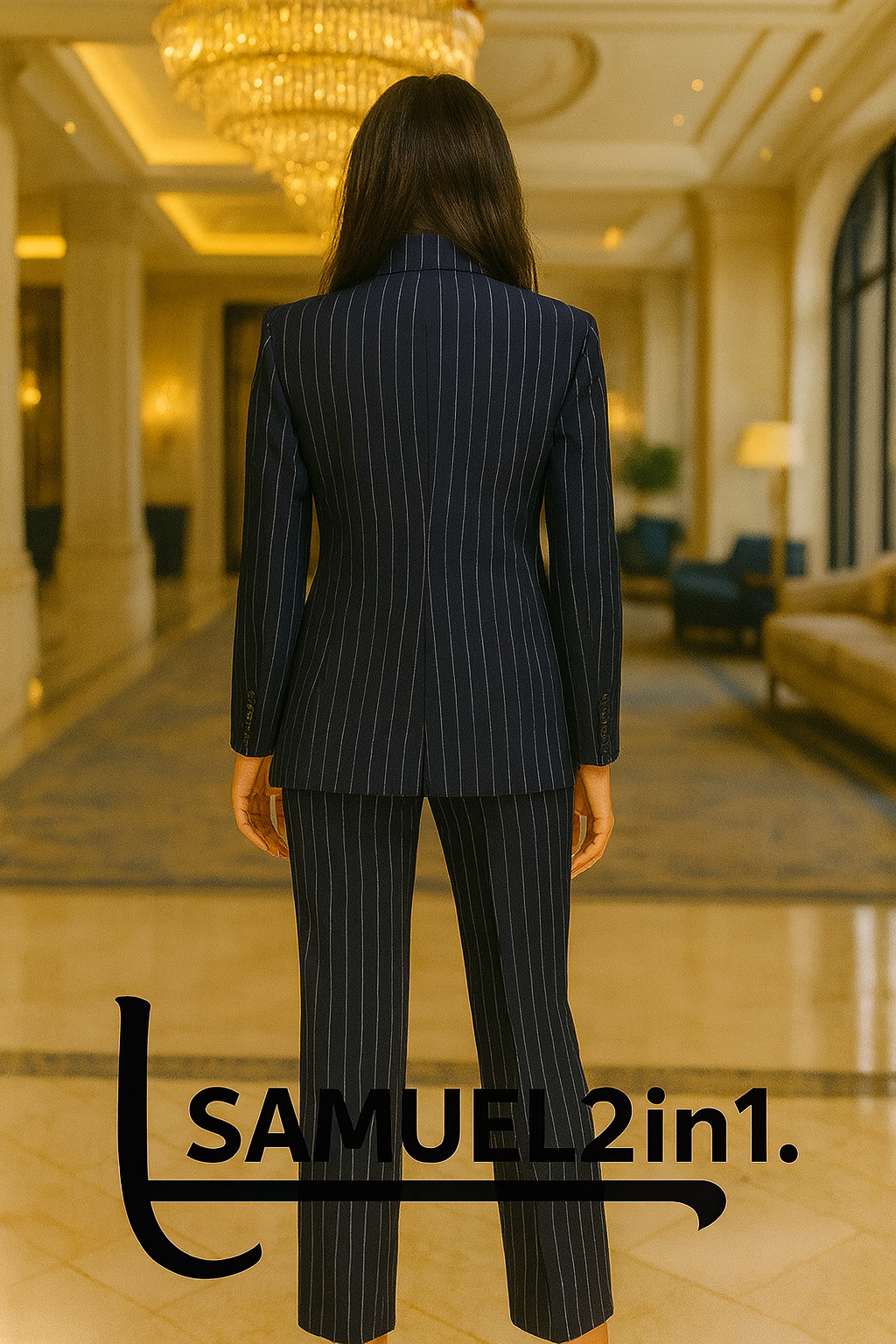 สูทผู้หญิงลายทาง Pinstripe สีน้ำเงินเข้ม กระดุมคู่ สั่งตัด (Made to Order) | Dress Co Rental