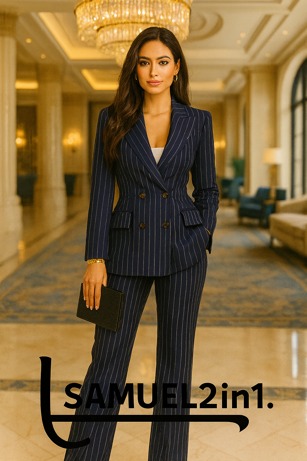 สูทผู้หญิงลายทาง Pinstripe สีน้ำเงินเข้ม กระดุมคู่ สั่งตัด (Made to Order) | Dress Co Rental