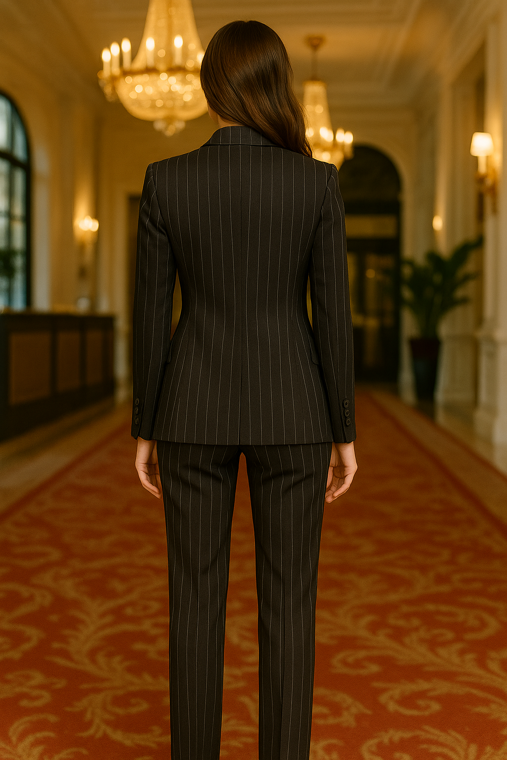 สูทผู้หญิงลายทาง Pinstripe สีดำ สั่งตัด (Made to Order) | Dress Co Rental