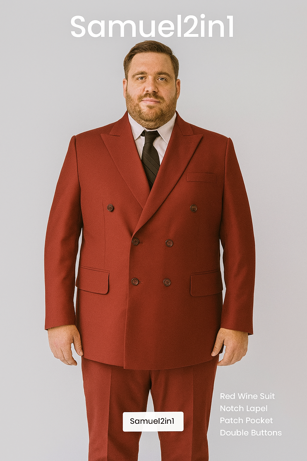 レンタル用の新しい仕立て上がりスーツ、ワインレッド、プラスサイズ3XL~6XL、ノッチラペル、ダブルブレスト