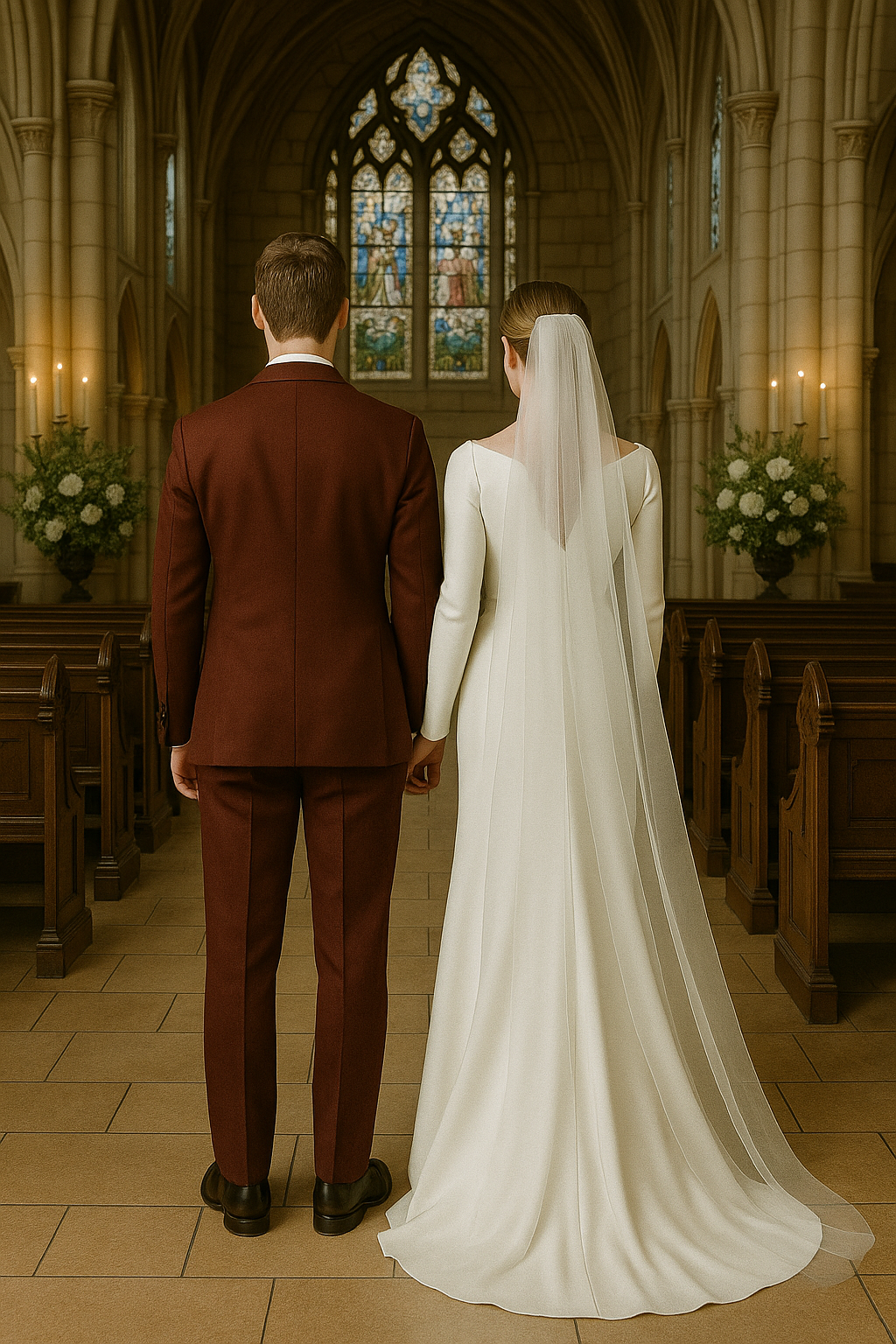 Newly tailored burgundy groom suit for rent