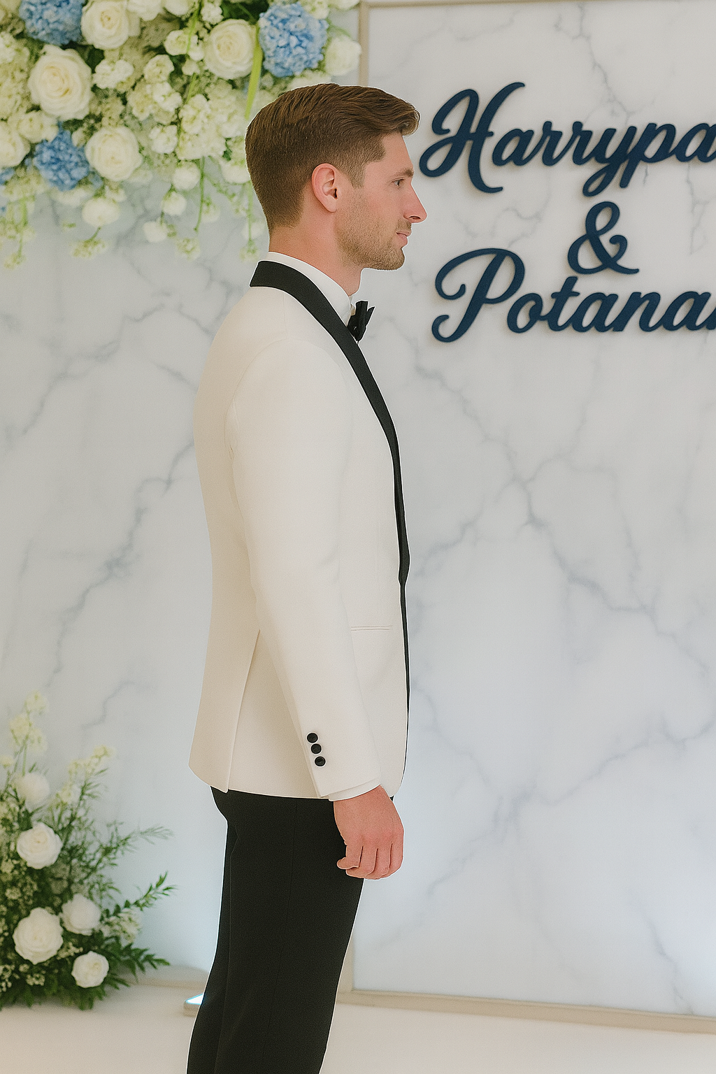 A very neat white and black groom's suit, newly tailored for rent | White & Black Tuxedo for Groom (Made-to-Rent)