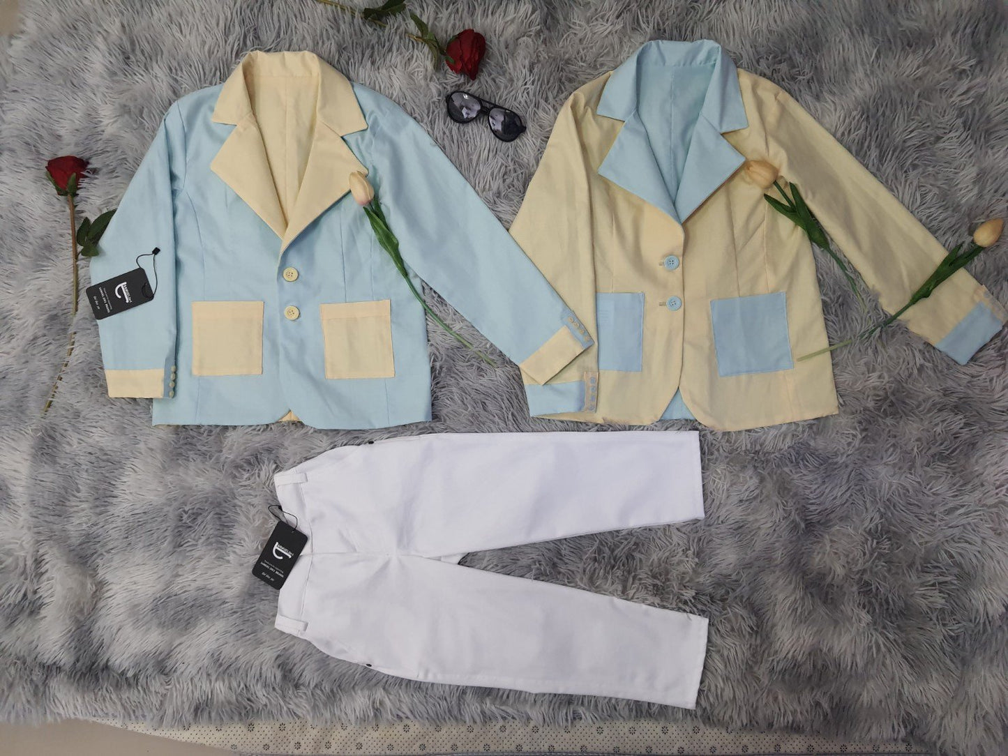 リバーシブルキッズスーツ - ミント&イエロー + ホワイトパンツ | リバーシブルキッズスーツ - ミント&イエロー