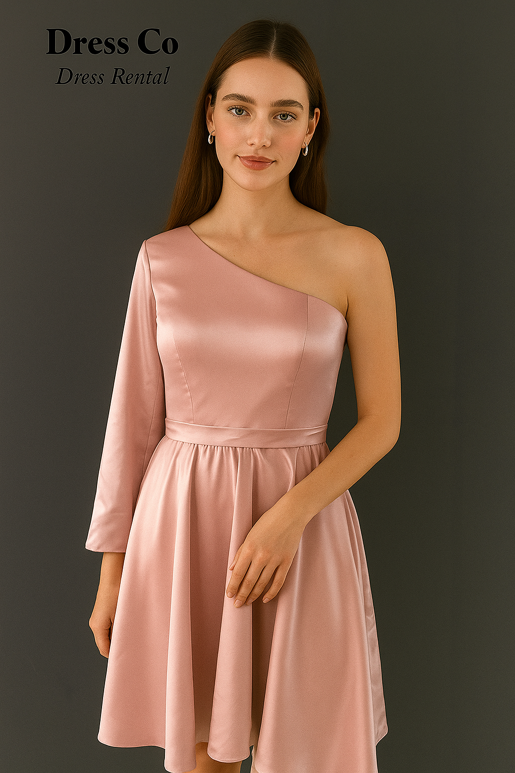 เดรสชมพูแขนยาวข้างเดียว ไหล่เฉียง / Pink One-Sleeve Asymmetrical Dress