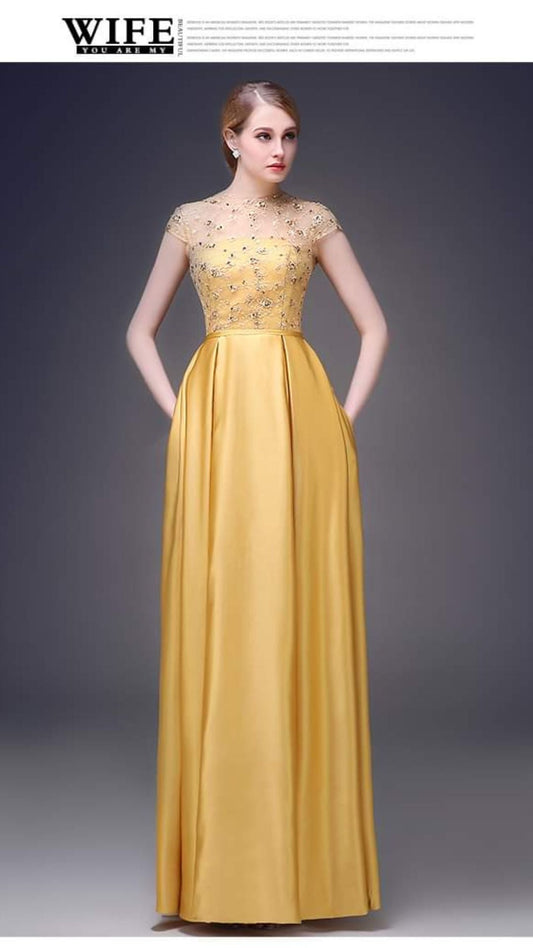 Crystal Embellished Gold Satin Gown