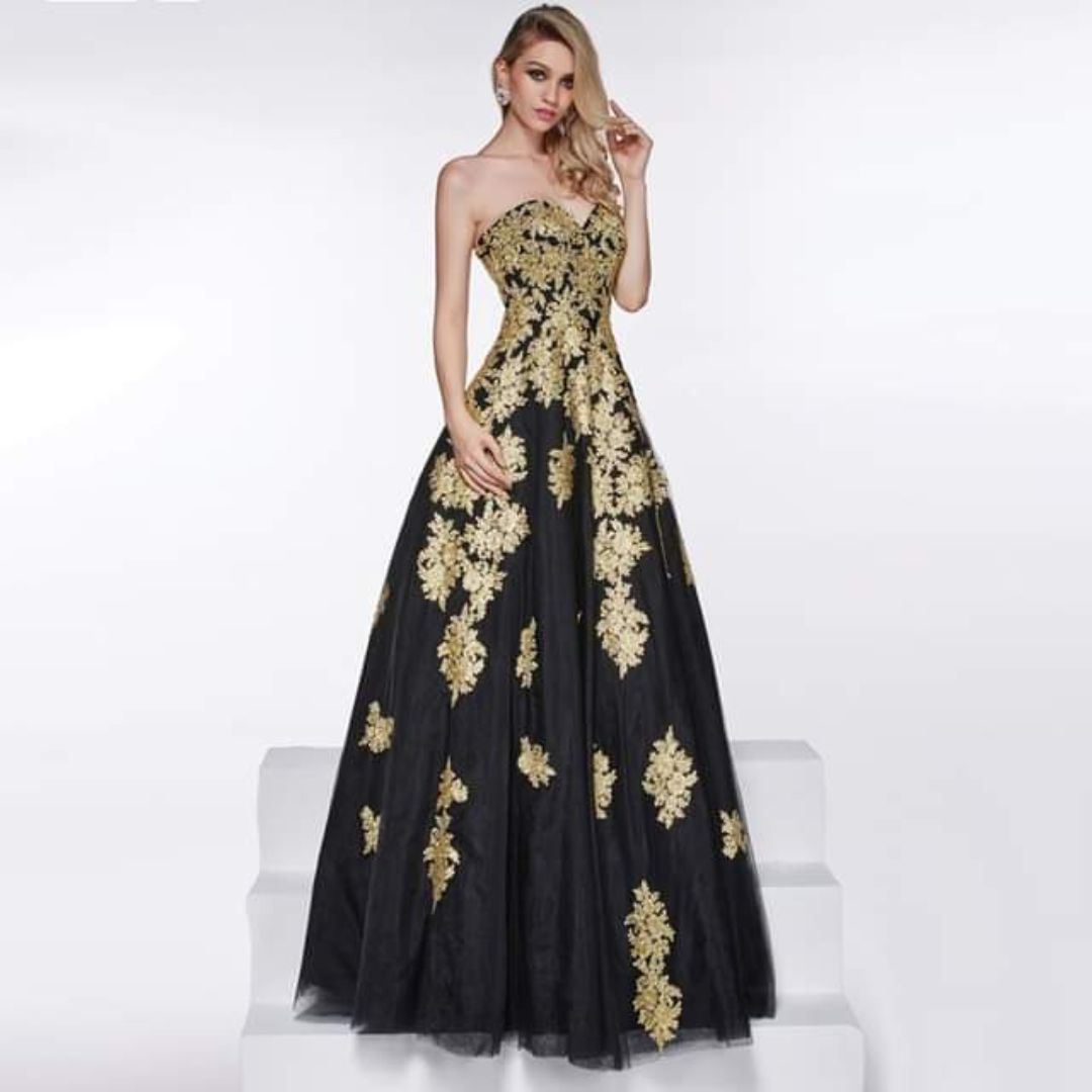 Black strapless long evening dress with luxurious gold embroidery