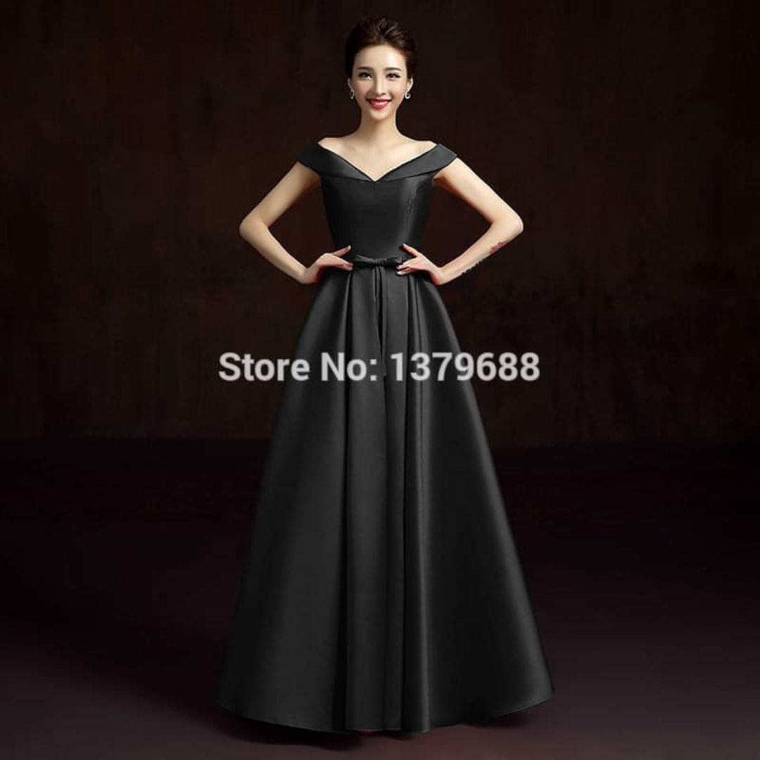 Black satin off-shoulder long dress, simple and elegant, classic.