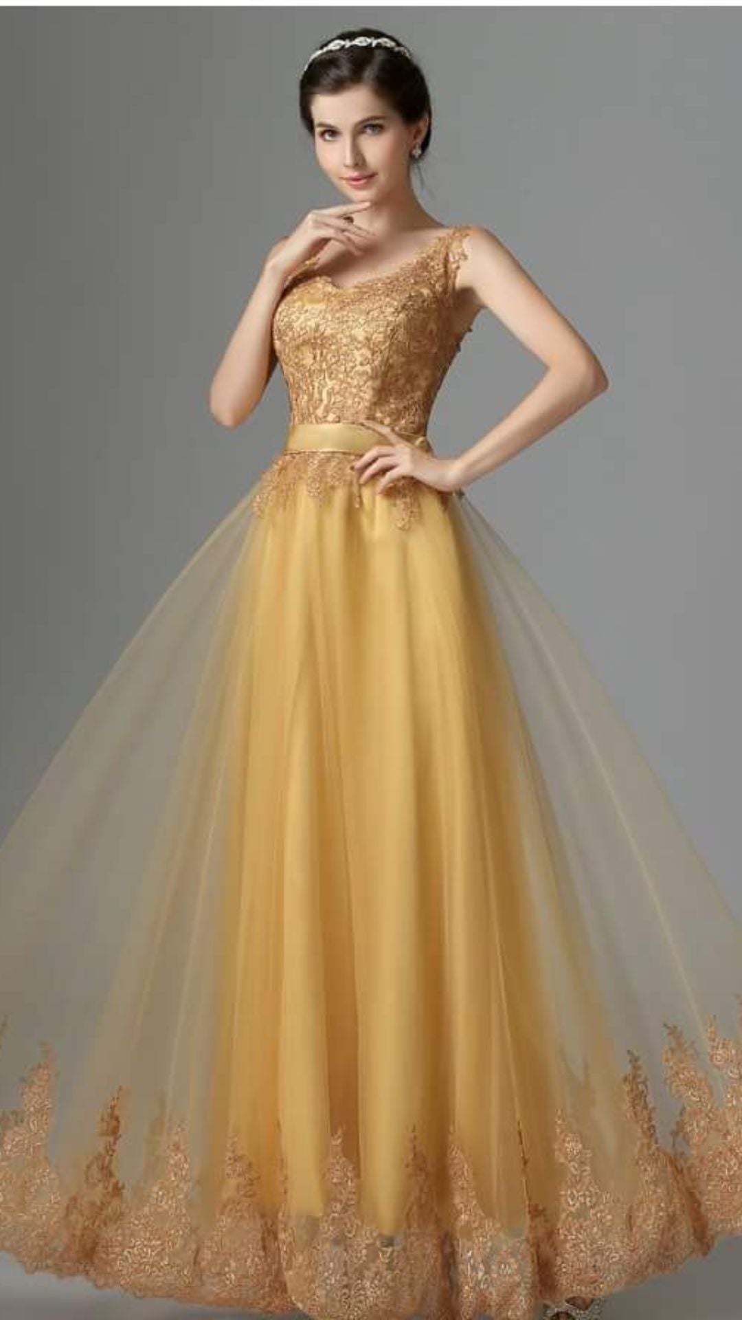Gold Lace &amp; Tulle Overlay Dress