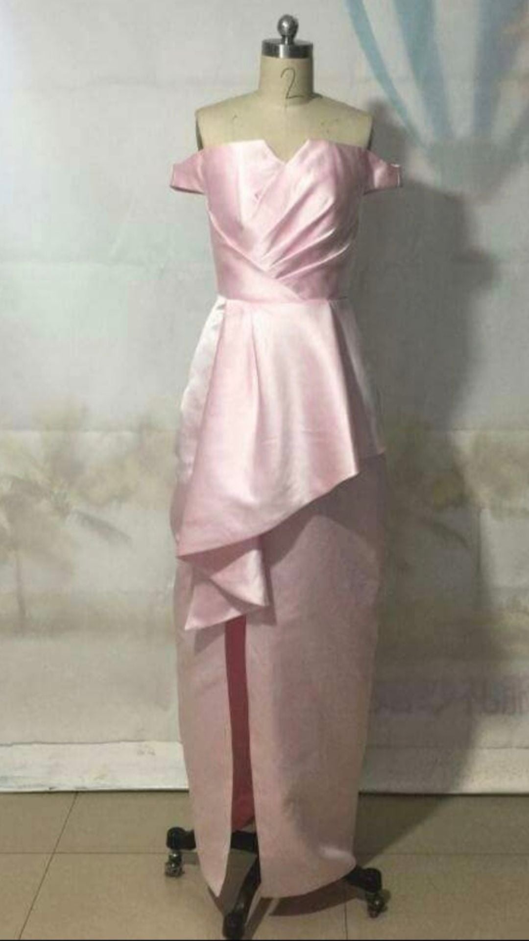 Pink off-shoulder satin fishtail evening dress (size S/M)