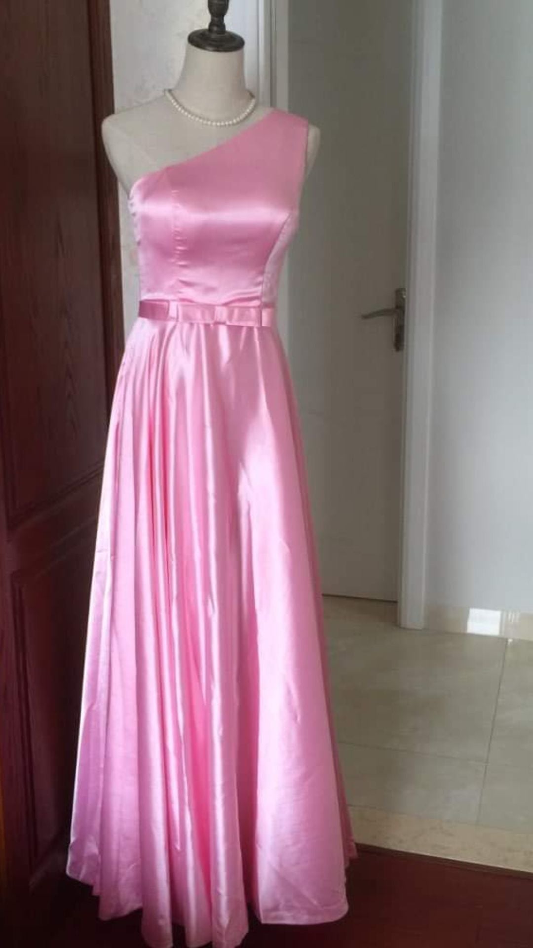 One-shoulder pink evening dress, shiny satin (size S/M)