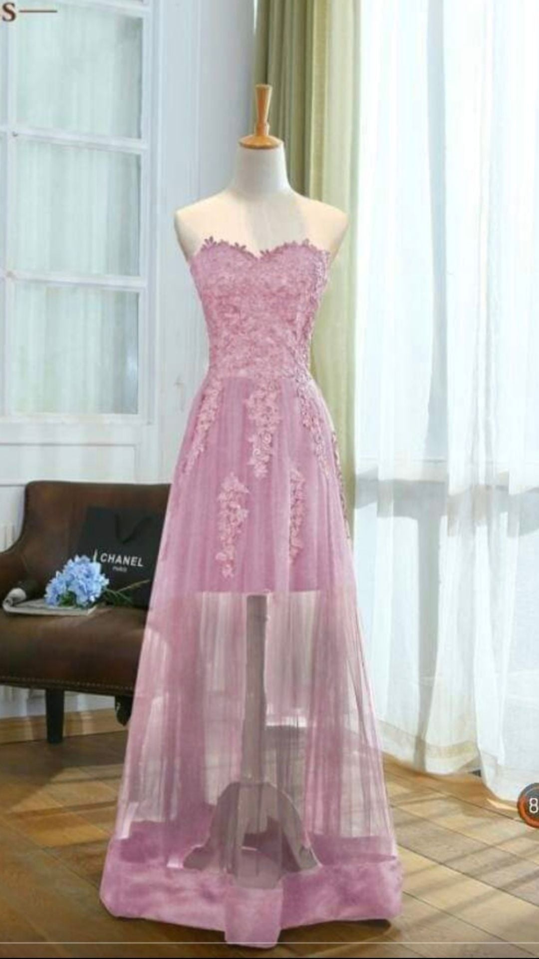 Pink-purple see-through strapless lace evening dress (size S/M)
