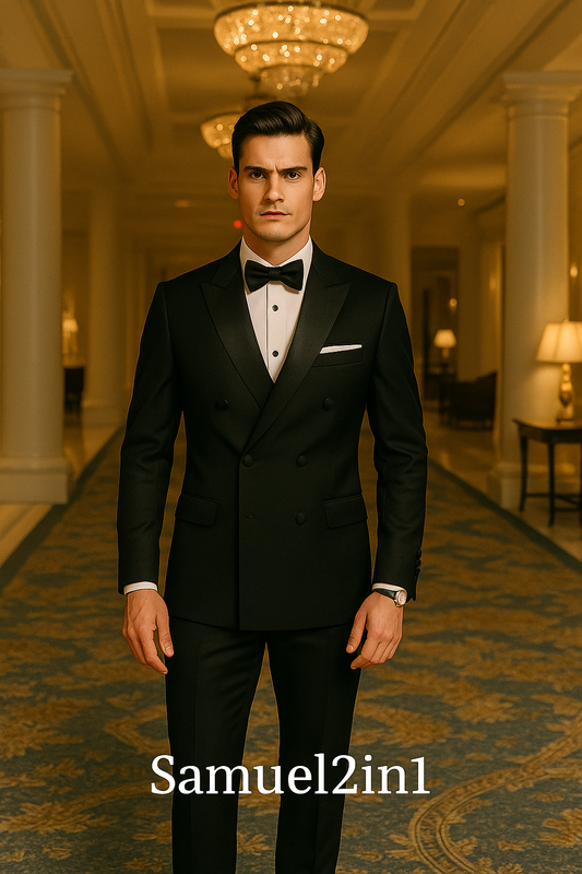 สูททักซิโด้กระดุมสองแถวสีดำสุดหรู | Double-Breasted Black Tuxedo –