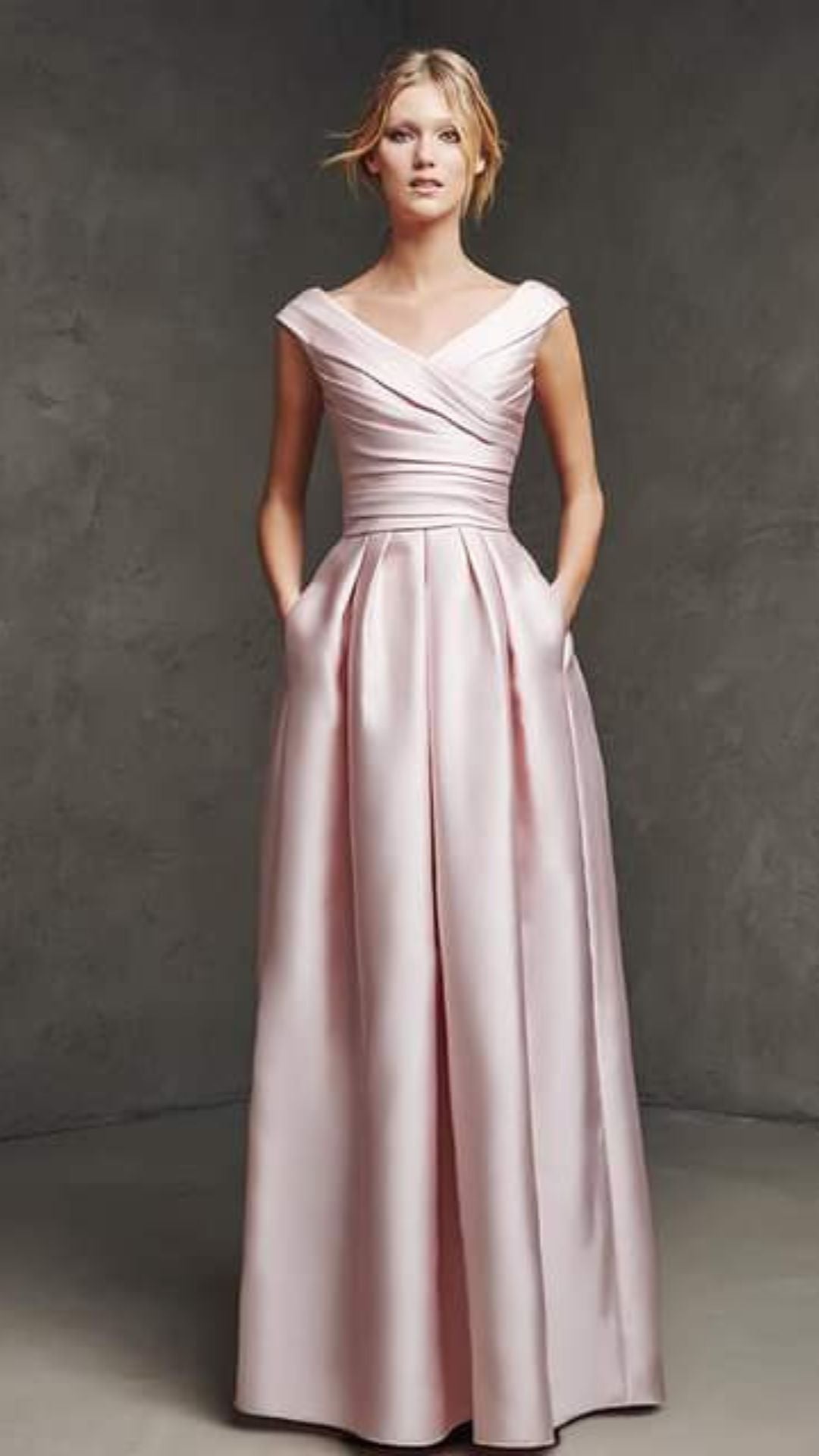 V-Neck Draped Pink Satin Dress