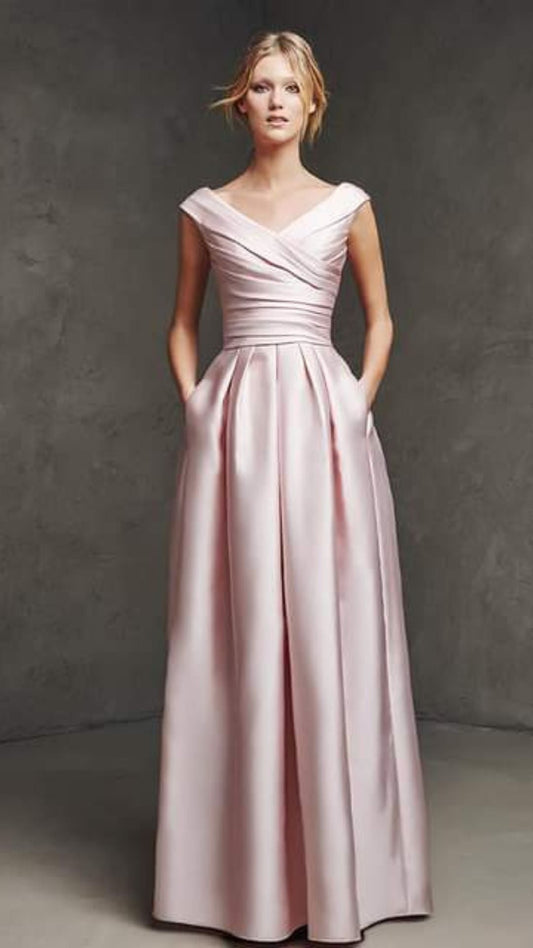 V-Neck Draped Pink Satin Dress