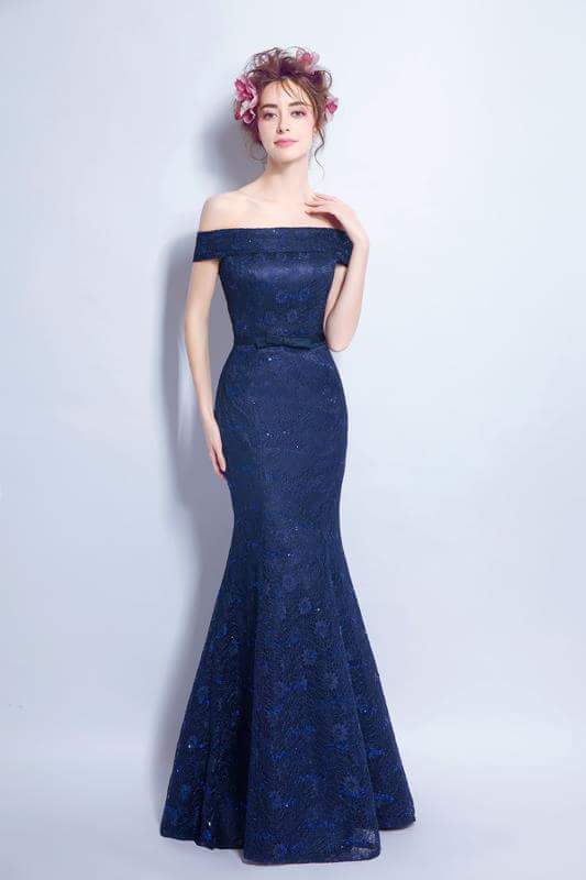 ชุดราตรีเปิดไหล่ทรงเมอร์เมดลูกไม้ | Navy Off-Shoulder Lace Mermaid Gown