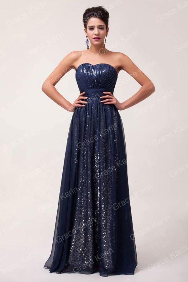 Navy blue strapless long evening dress made of luxurious glittery fabric