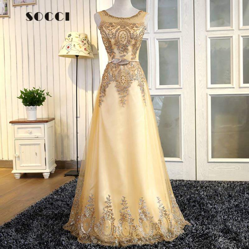 Long gold evening dress with luxurious embroidery, round neck, sleeveless