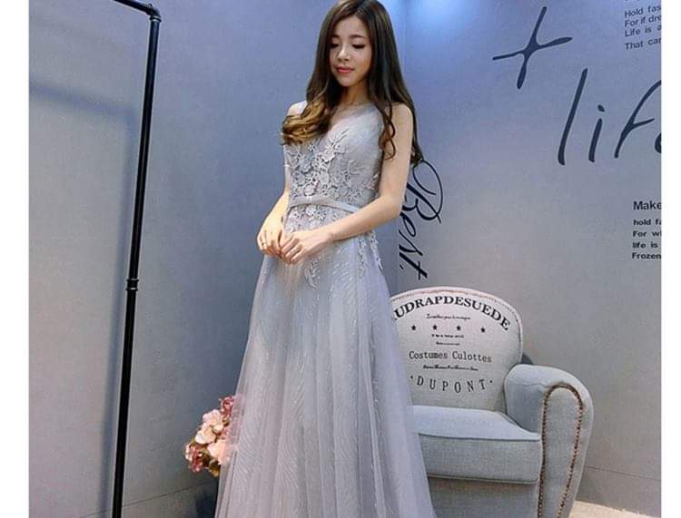 Silver grey lace long evening dress, V-neck, sleeveless